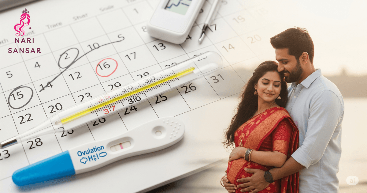 Indian couple embracing, with a calendar and fertility tracking tools, symbolizing pregnancy planning and the fertile window.