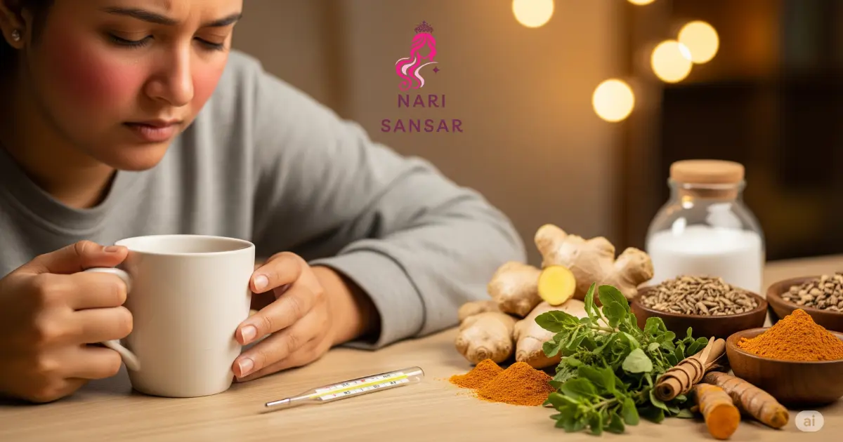 Featured image showing cold, cough, fever, and Ayurvedic remedies.