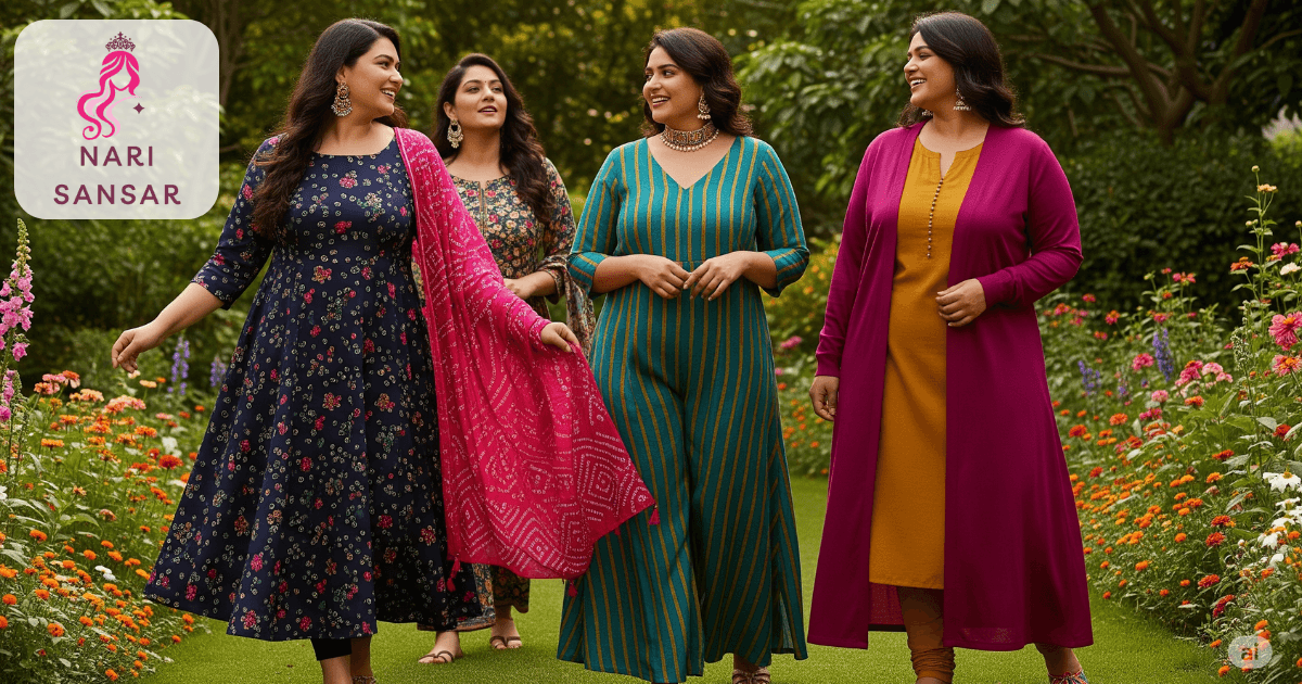 A group of joyful Indian plus-size women in diverse, confident outfits, featuring colorful traditional accessories and flattering styles in a vibrant outdoor setting.