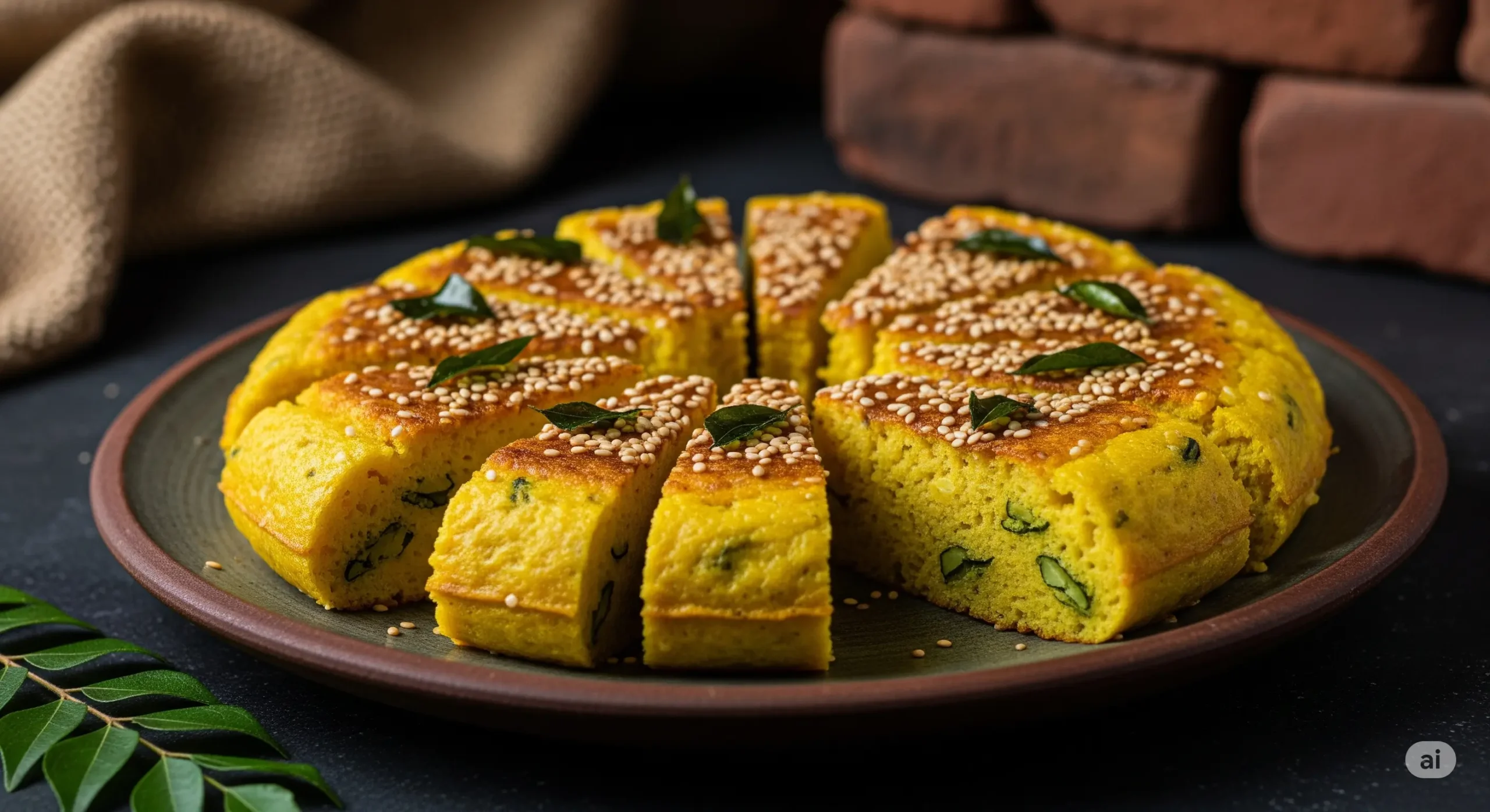 Delicious golden Handvo, sliced and garnished, on a traditional plate.