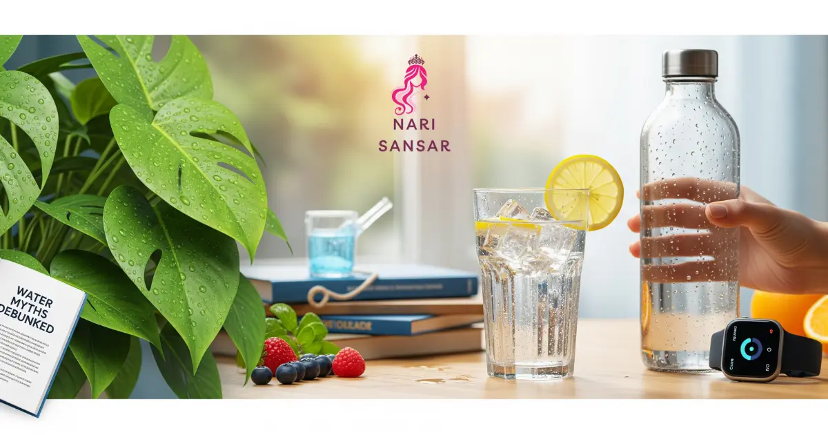 Drinking Water A wide featured image for a blog post, showing a glass of water with lemon, a water bottle, a plant, and a smartwatch, symbolizing a guide to hydration.