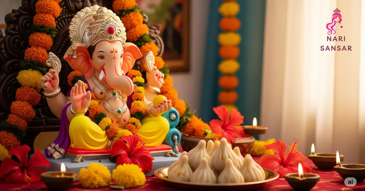 A featured image for a blog post showing a Ganesha idol with festive decorations and sweets.