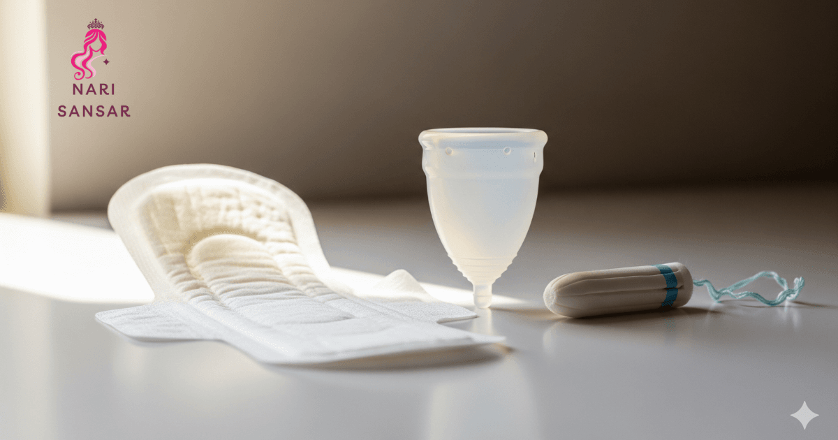 A sanitary pad, a menstrual cup, and a tampon arranged on a table. Menstruation