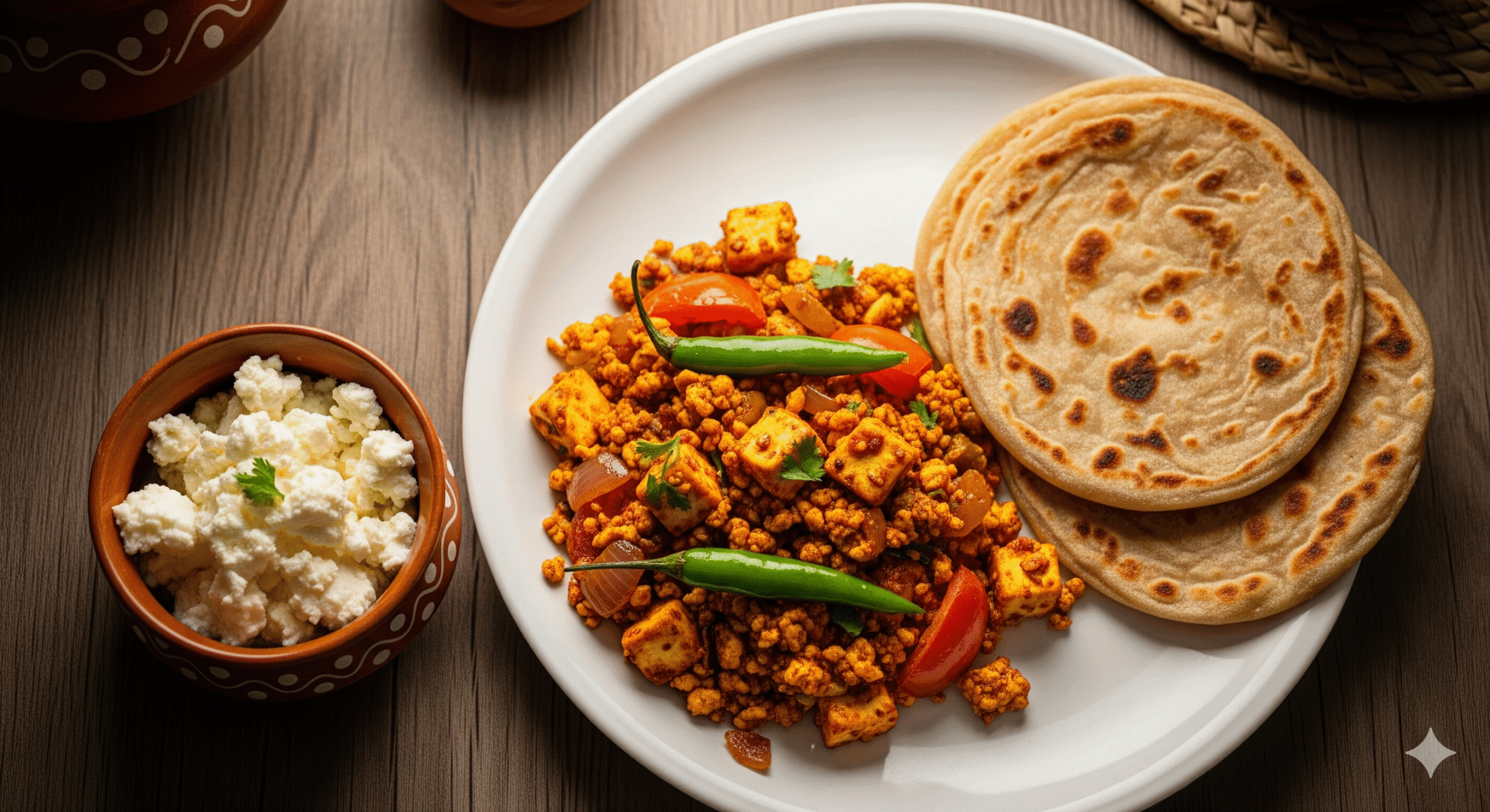 A top-down view of a plate with fresh Paneer Bhurji garnished with green chilies and tomatoes, alongside two soft, golden-brown Parathas. A small clay bowl of crumbled Homemade Paneer is placed next to the plate on a rustic wooden table, representing delicious Punjabi vegetarian food. Recipes
