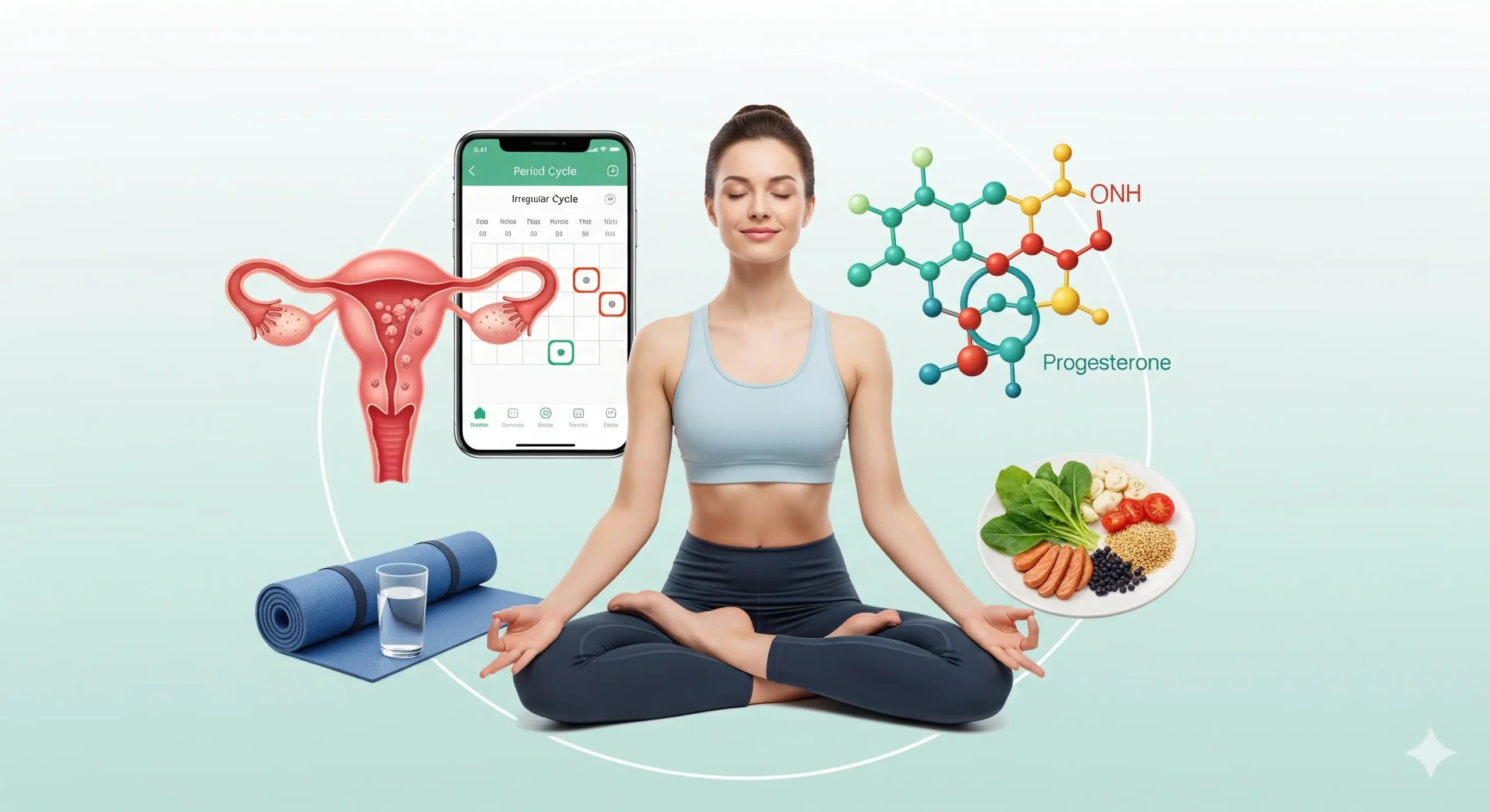 A central figure of a woman meditating, surrounded by various icons representing key topics like period tracking, hormonal imbalance, uterine health, and healthy lifestyle choices. It serves as a comprehensive visual summary of the blog post.