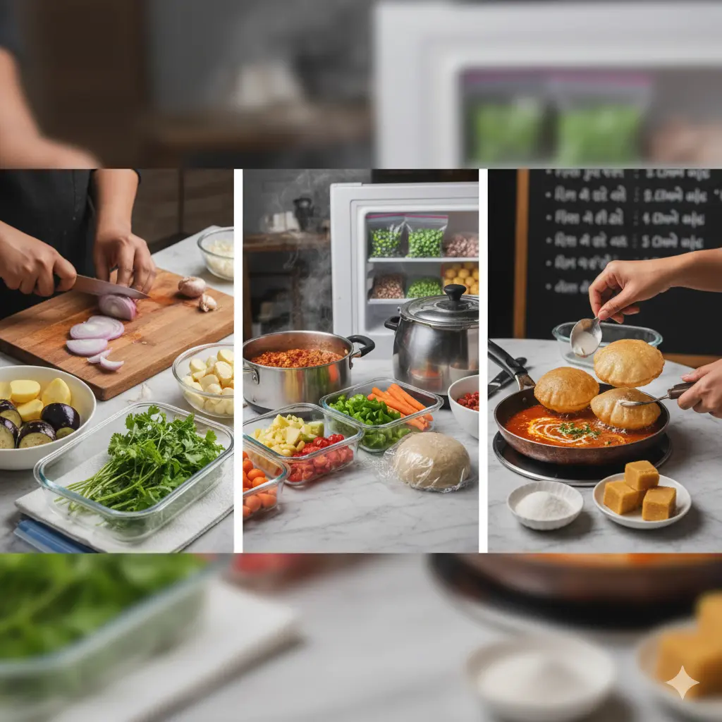 A vibrant collage showcasing various aspects of efficient and artful cooking. The image is divided into multiple panels. It features hands engaged in different kitchen tasks such as slicing onions, storing fresh herbs in airtight containers, preparing meal components for batch cooking (like gravies and chopped vegetables), frying crispy puris, and cleaning kitchen utensils like a blender and cast iron pan. This visual summary highlights the tips for ingredient preparation, time management, fixing common cooking errors, food storage, and utensil care.