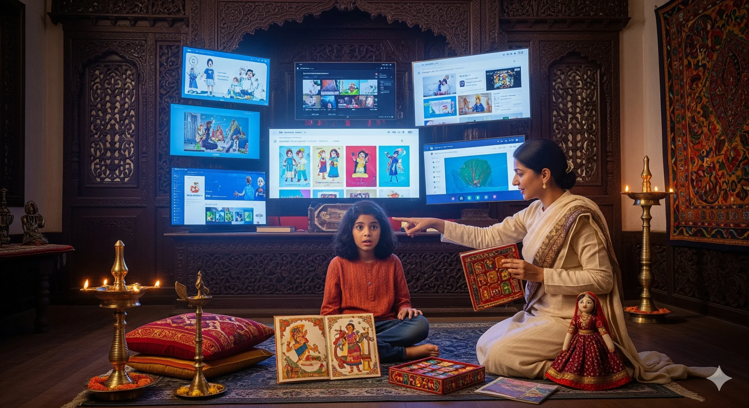 An Indian parent in traditional clothing calmly guides a child holding a book, away from a room filled with multiple digital screens. Screen Time
