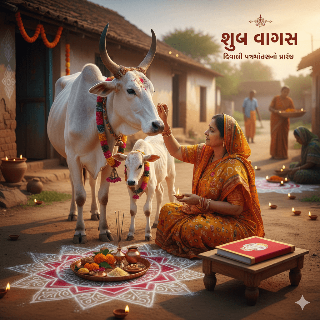 A woman seated next to a Vahi Khata (traditional ledger book) and offerings, performing rituals for Vaak Baras, signifying the purification of accounts and the start of business activities for the new year.