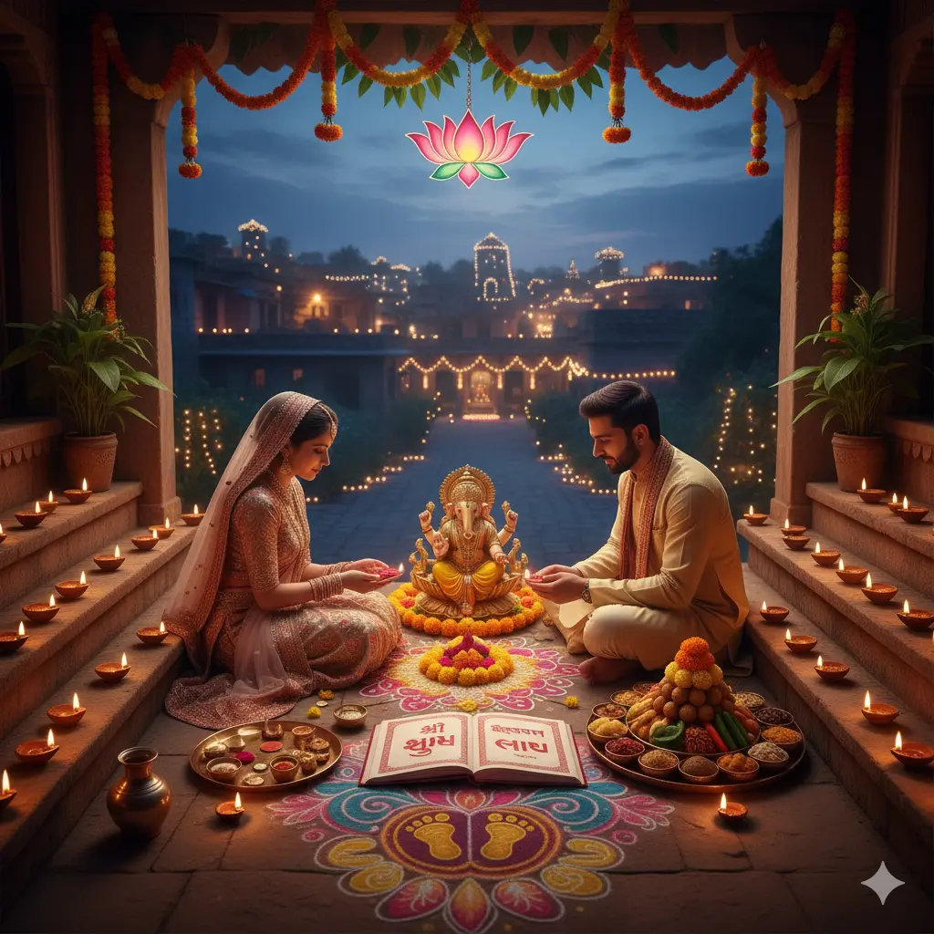 New Year's Resolution and unity: A family (parents and children) performing a small, peaceful ritual together, lighting a single diya in their home, symbolizing a resolve for spiritual growth, health, and family bonding.