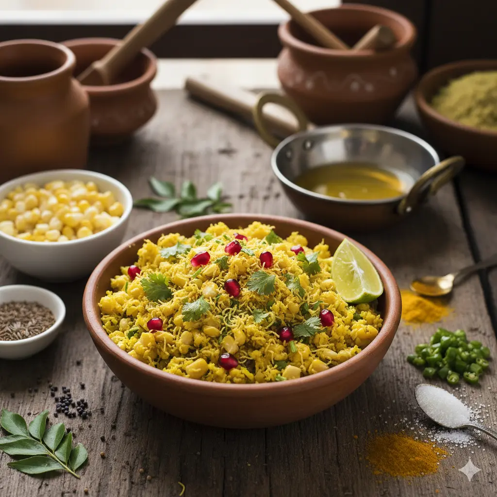 A realistic, high-angle photo of a bowl of Makai no Chevdo (spicy Gujarati grated corn snack) garnished with cilantro, fine sev, a lime wedge, and vibrant pomegranate seeds. The dish is surrounded by the recipe's raw ingredients, including fresh corn kernels, cumin seeds, curry leaves, turmeric powder, and chopped green chilies, all set on a rustic wooden table.